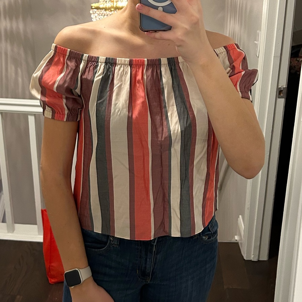 EXPRESS off the shoulder stripped open back blouse
